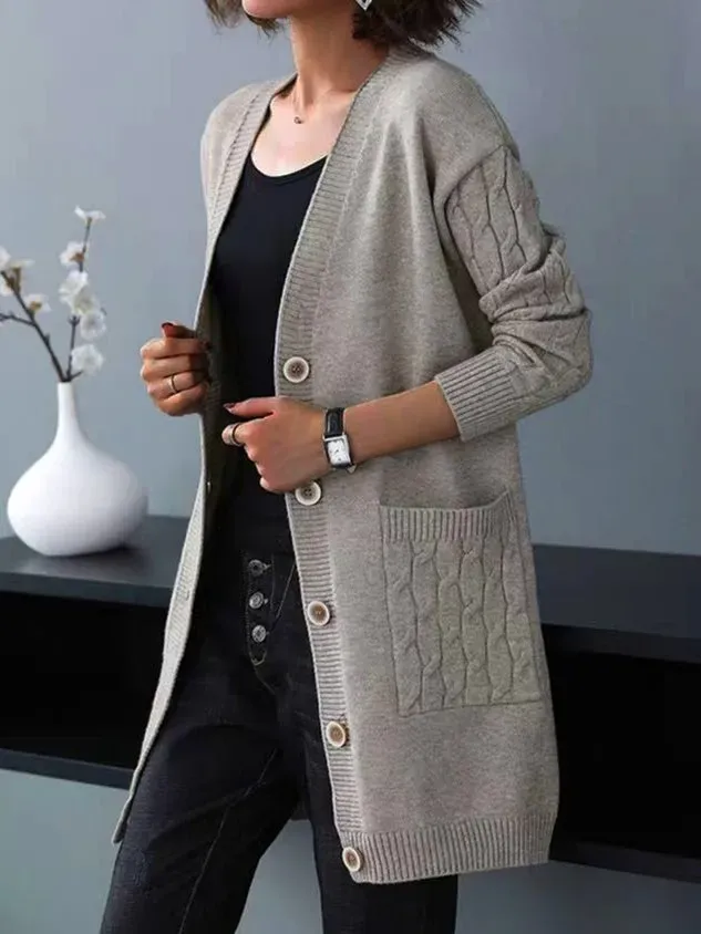 Plain Long Sleeve Casual Buckle Pockets Cardigan