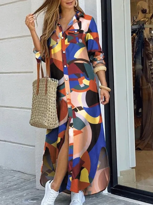 Women's Casual Dress Shirt Dress Casual Dress Geometric Print Button Pocket Shirt Collar Maxi long Dress Basic Casual Outdoor Daily Long Sleeve Regular Fit Leopard Pattern white Black Summer Spring S