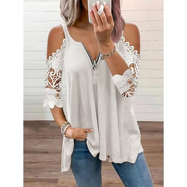 Blouse Women's Black White Solid Color Lace Lace Zipper Home Daily Basic S