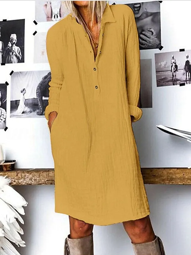 Women‘s Casual Dress Shirt Dress Shift Dress Midi Dress Yellow Navy Blue White Long Sleeve Pure Color Button Winter Fall Spring Shirt Collar Basic Winter Dress Daily Vacation 2023 S M L XL XXL 3XL