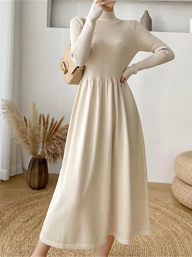 Women's Sweater Dress Knit Dress Jumper Dress Midi Dress Knitwear Elegant Fashion Plain Outdoor Daily Going out Turtleneck Long Sleeve 2023 Loose Fit Black Apricot One Size