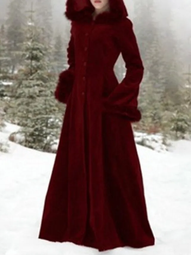 Women's Cloak / Capes Christmas Party Cosplay Over Coat Winter Long Pea Coat with Hood Fall Windproof Warm Trench Coat Wool Coat