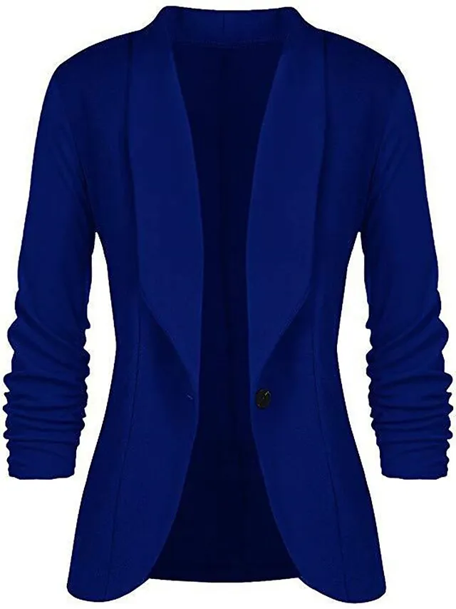 Women's Blazer Formal Office Jacket Open Front Button Plain Windproof Streetwear Pink Regular Fit Outerwear Long Sleeve Spring Navy S