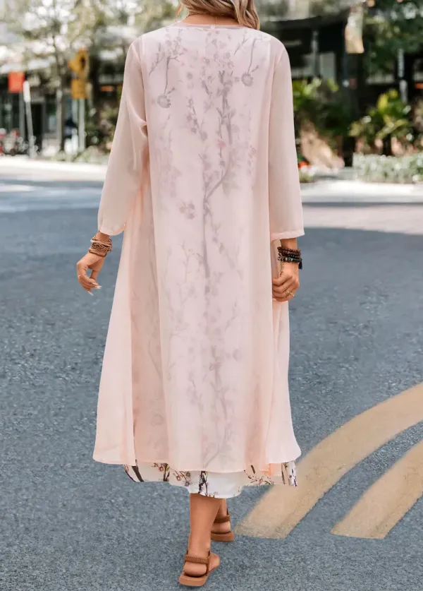Pink Two Piece Floral Print Maxi Dress and Cardigan