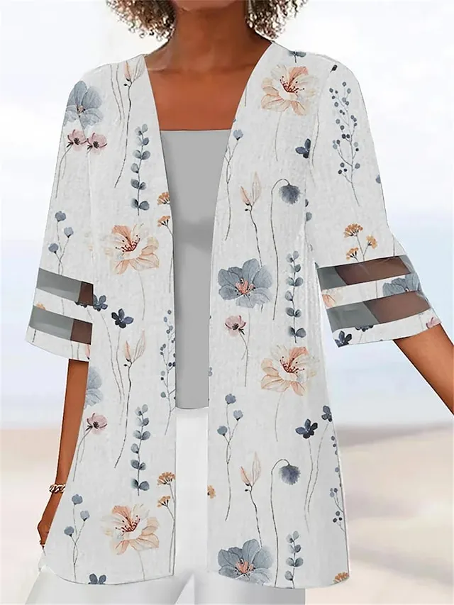 Women's Jacket Casual Jacket Outdoor Patchwork Floral Breathable Fashion Regular Fit Outerwear 3/4 Length Sleeve Summer Light Pink S