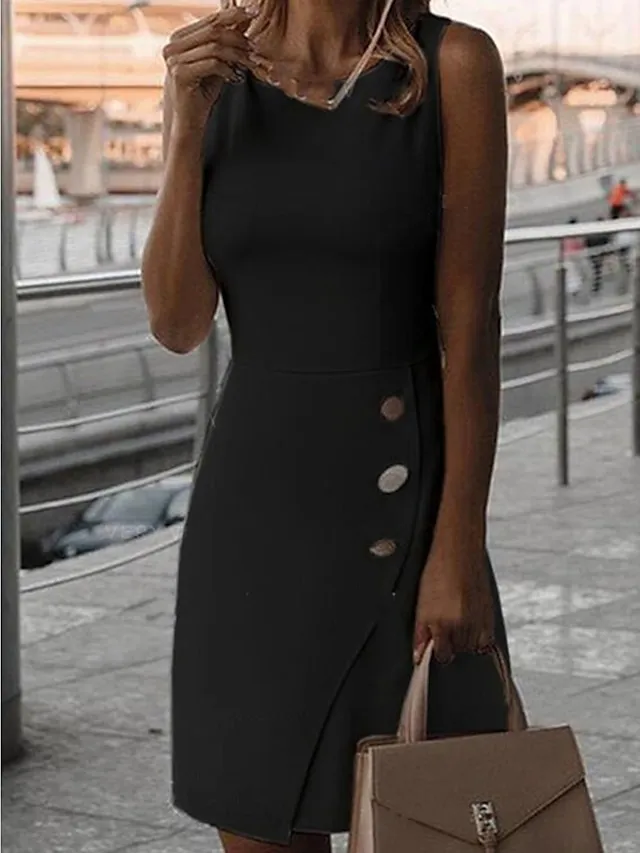 Women's Party Dress Work Dress Sheath Dress Mini Dress Black White Yellow Sleeveless Pure Color Button Summer Spring Fall Crew Neck Fashion Wedding Guest Vacation 2023 S M L XL XXL