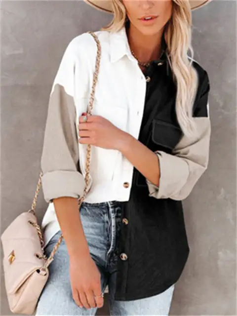 Color Block Buttons Shirt With Pockets
