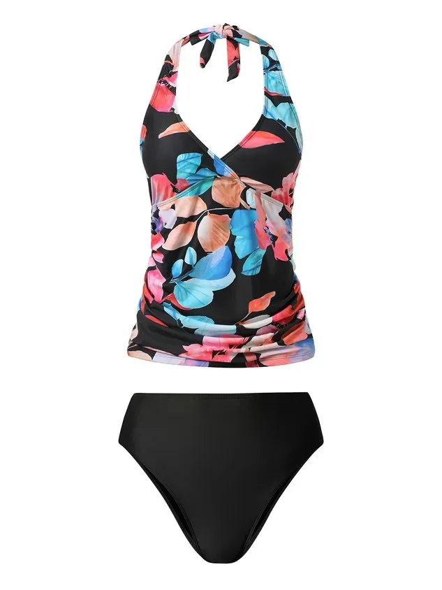 Vacation Floral Printing V Neck Tankinis Two-Piece Set
