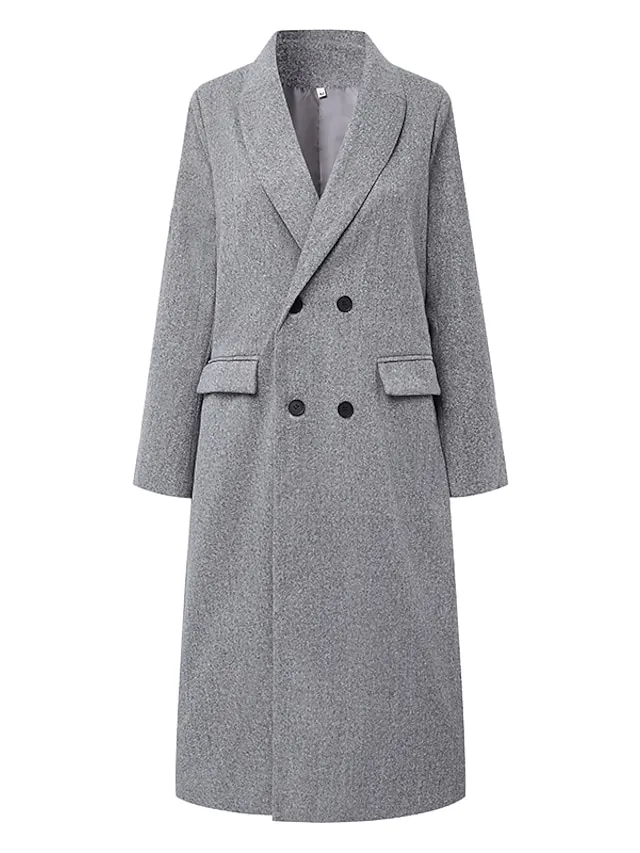 Women's Coat Comtemporary Contemporary Simple Button Formal Office / Career Street Daily Polyester Long Coat Winter Fall Gray Double Breasted Turndown Regular Fit 3XL