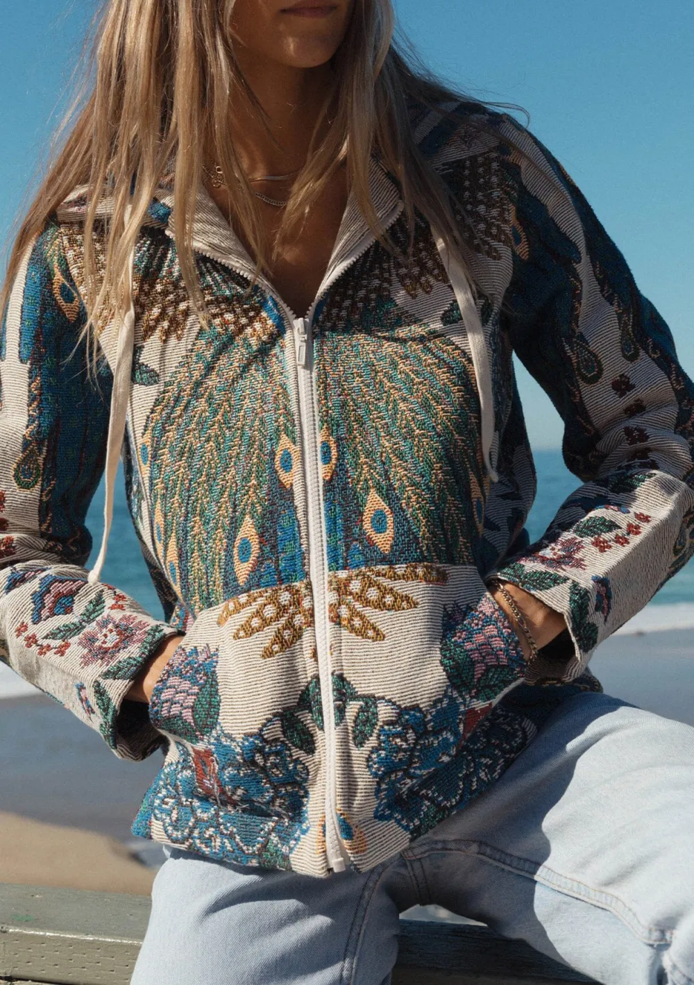 Drawstring Printed Zip Up Hoodie