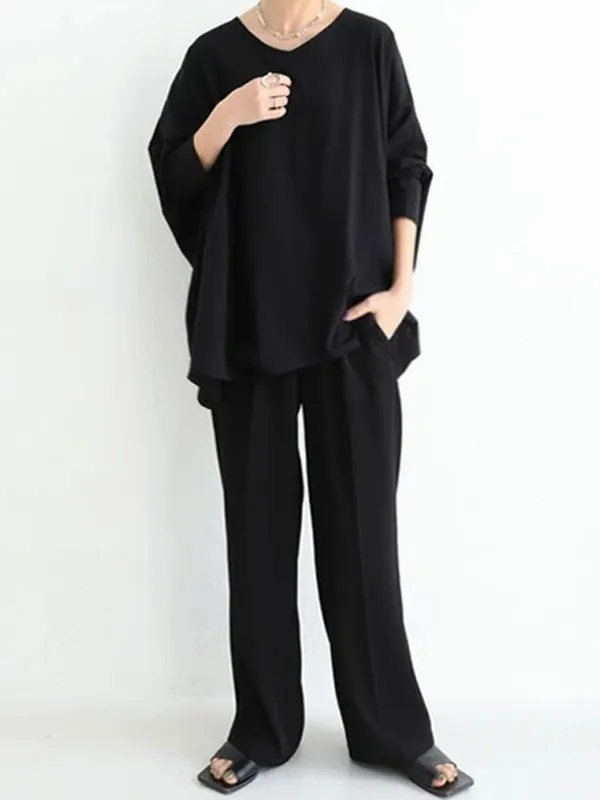 Simple Oversize Solid Color V-Neck Batwing Sleeve T-Shirts