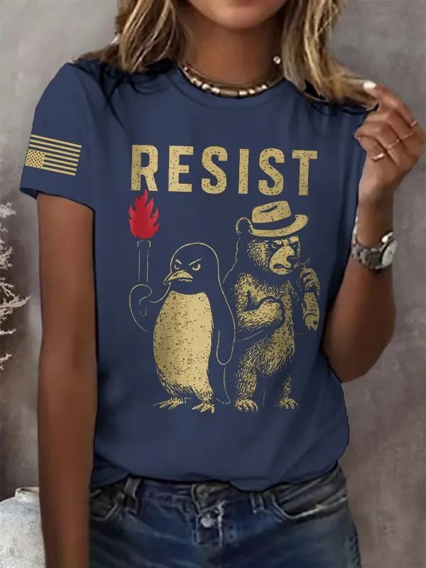 Women'S T-Shirt Vintage Bear And Penguin Anti-Print T-Shirt Pure Cotton Round Neck Short Sleeve