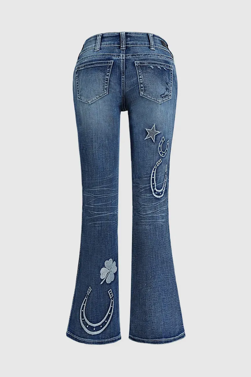 Star & Moon Pattern Button Front Mid Rise Bootcut Jeans