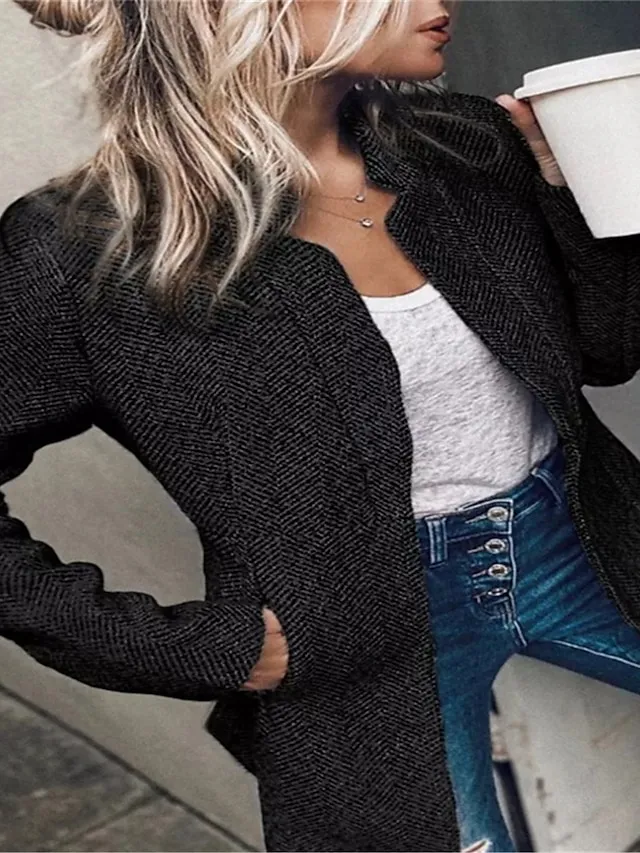 Women's Blazer Formal Pocket Plaid Windproof Streetwear Regular Fit Outerwear Long Sleeve Fall Black S