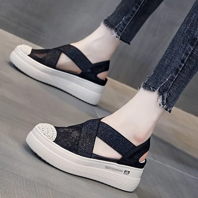 Women's Sandals Comfort Shoes Platform Sandals Daily Summer Flat Heel Vintage Elegant Casual Lace Mesh Loafer Solid Color Black Beige