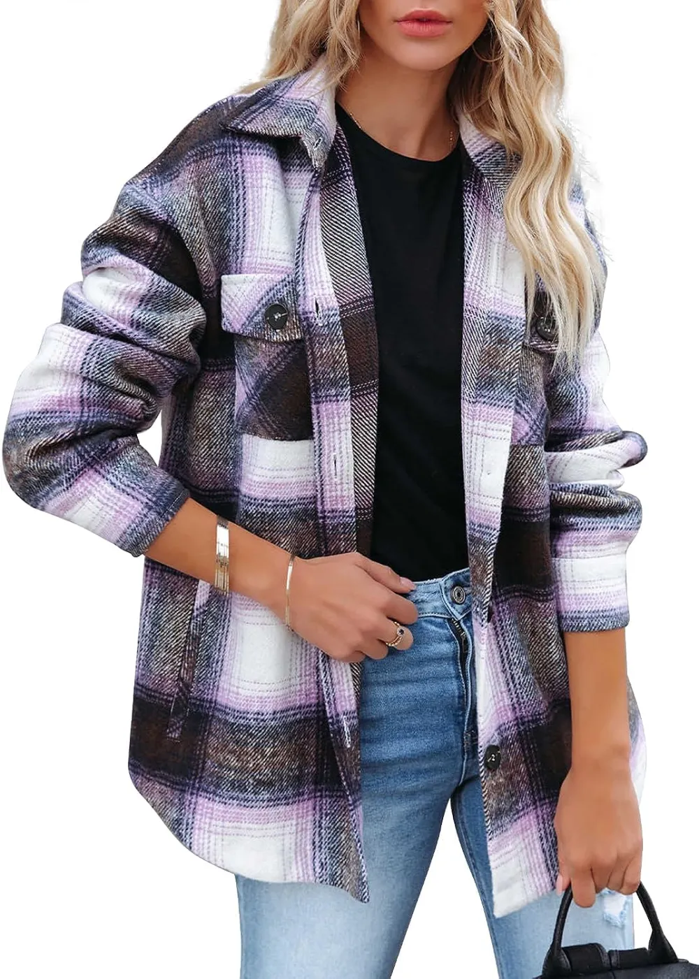 Women's Flannel Plaid Shacket Long Sleeve Button Down Chest Pocketed Shirts Jacket Coats