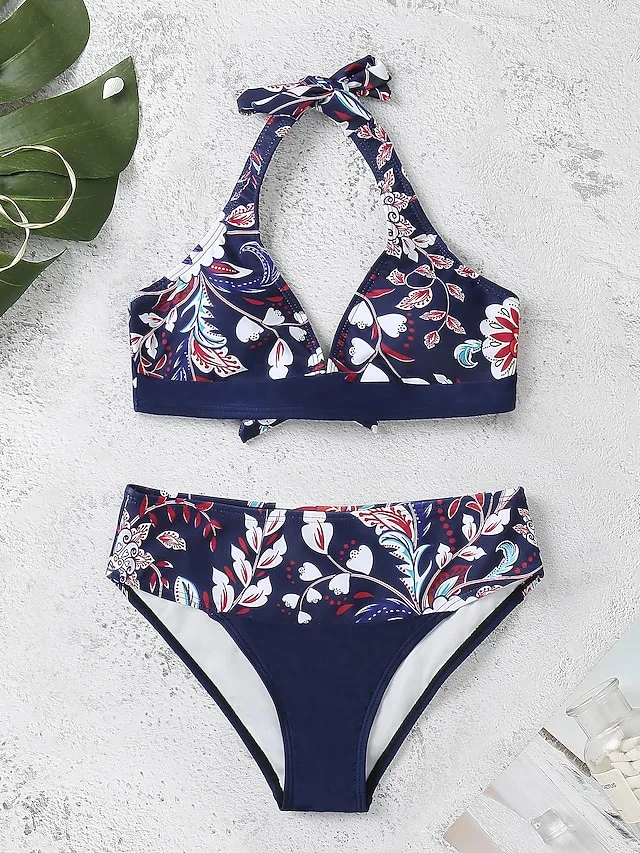 Women's Swimwear Bikini 2 Piece Normal Swimsuit Halter 2 Piece Open Back Sexy Floral White Blue Dusty Blue Green Halter V Wire Bathing Suits Sexy Vacation Beach Wear