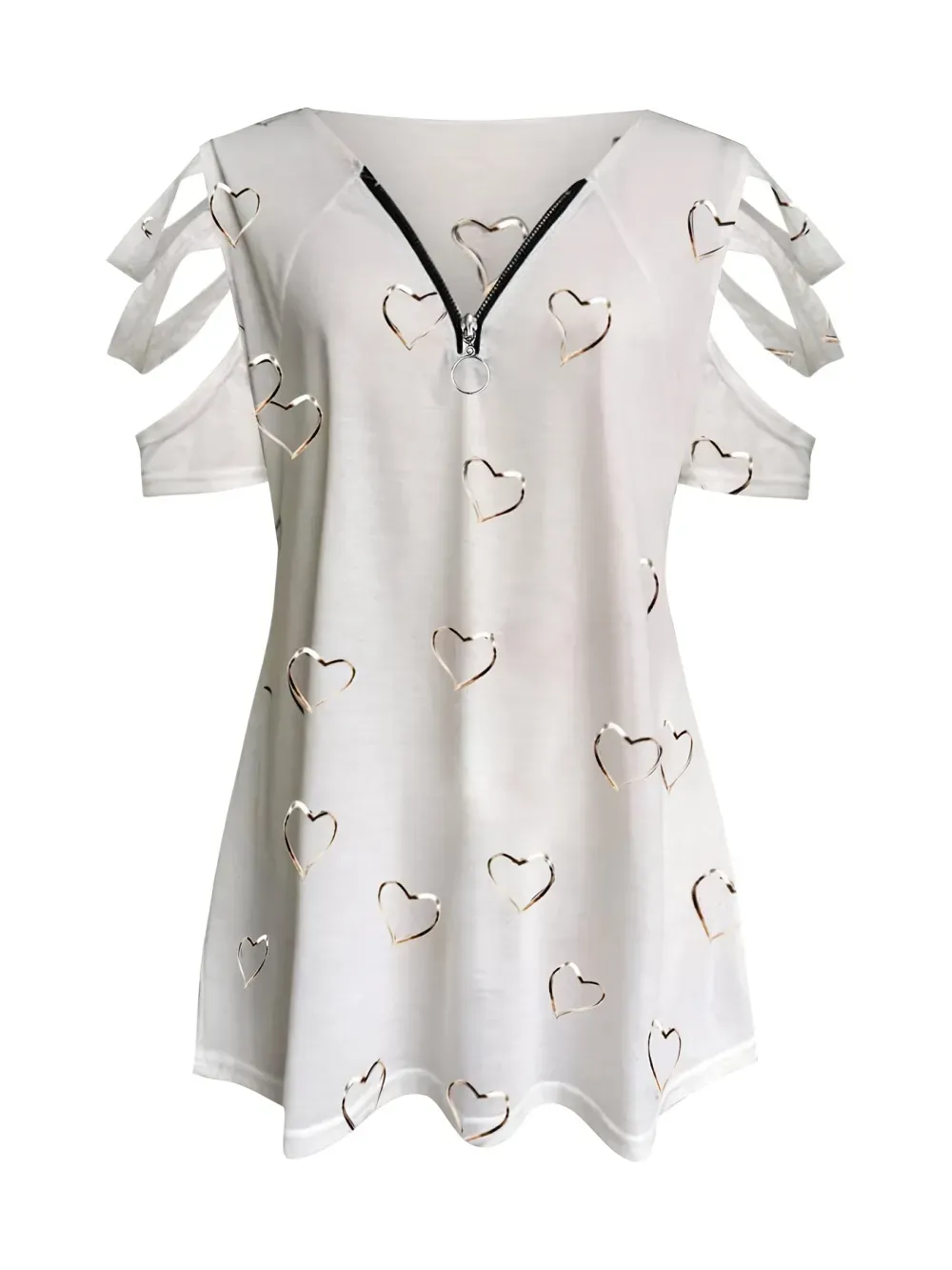 Plus Size Heart Print Zipper Short Sleeve Top, Women's Plus Slight Stretch V Neck Casual T-shirt