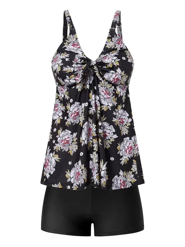 Vacation Floral Printing Scoop Neck Tankinis Two-Piece Set