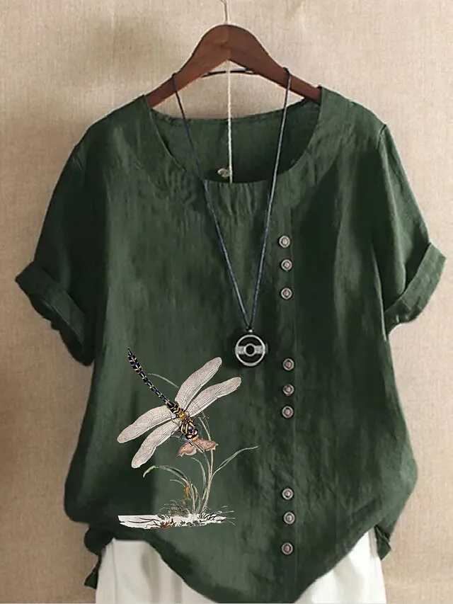 Women's Linen Shirt T shirt Tee Blouse White Pink Blue Floral Button Print Short Sleeve Daily Going out Weekend Streetwear Crewneck Regular Fit Summer Spring