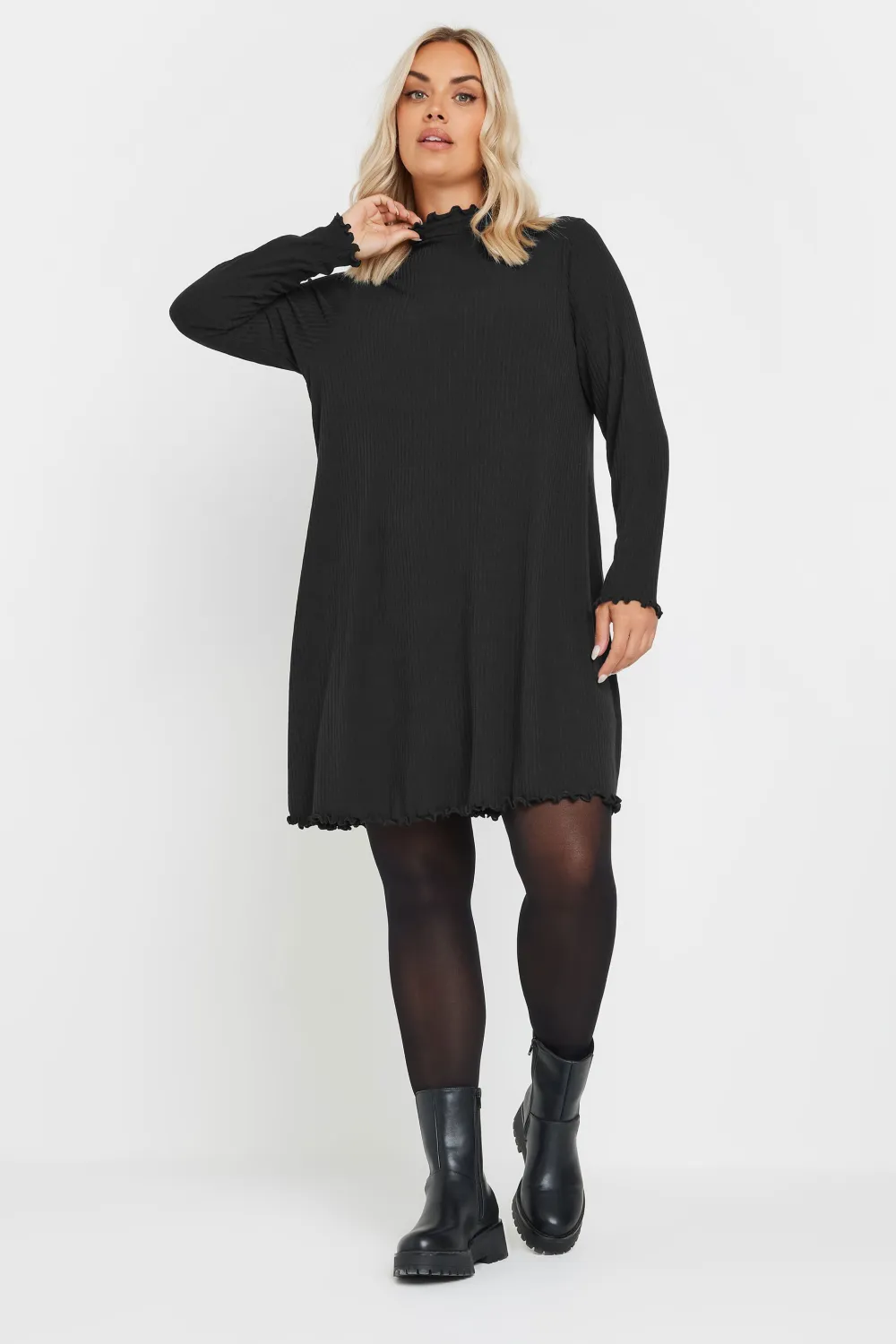 YOURS Curve Forest Green Ribbed Lettuce Hem Tunic Dress