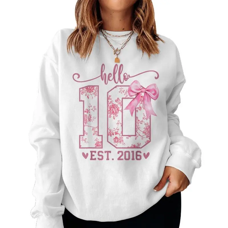 Hello Ten Est 2016 10Th Birthday Coquette Bow 10 Year Girl Women Sweatshirt