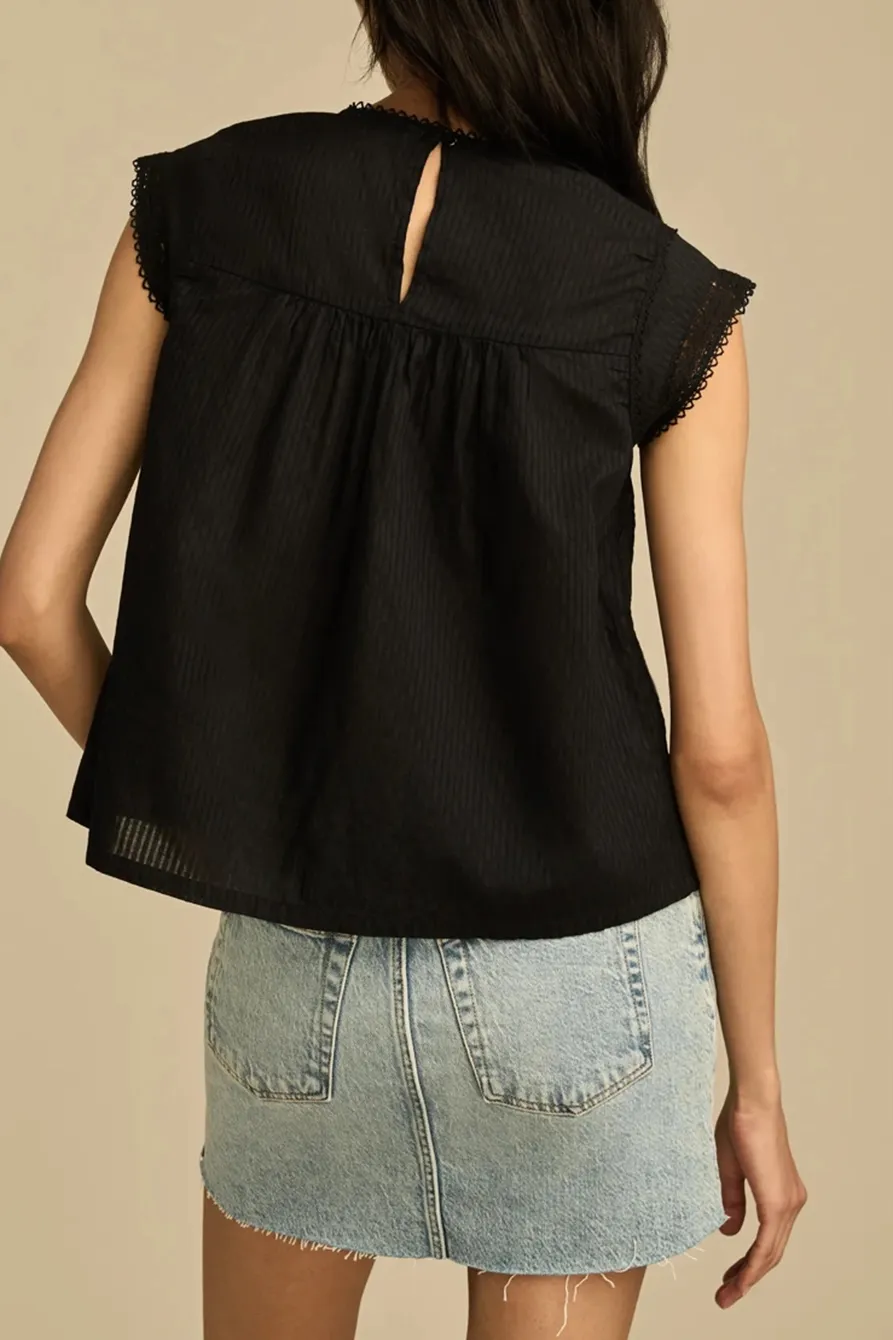 Jet Black Lace Neck Pintuck Shell Top