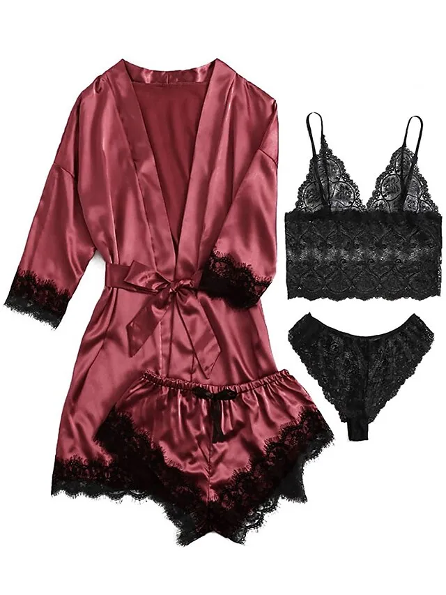 Women's Lace Satin Silk Pajamas Sets 4 Pieces Pure Color Simple Casual Soft Home Daily Bed Satin Breathable V Wire Long Sleeve Shorts Summer Spring Black Pink