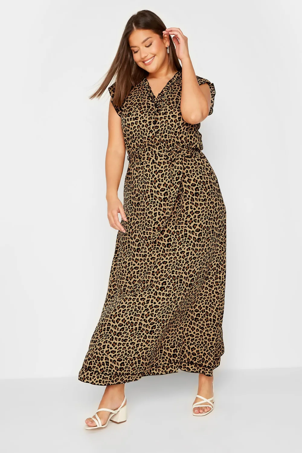 LTS Tall Brown Leopard Print Frill Sleeve Maxi Dress