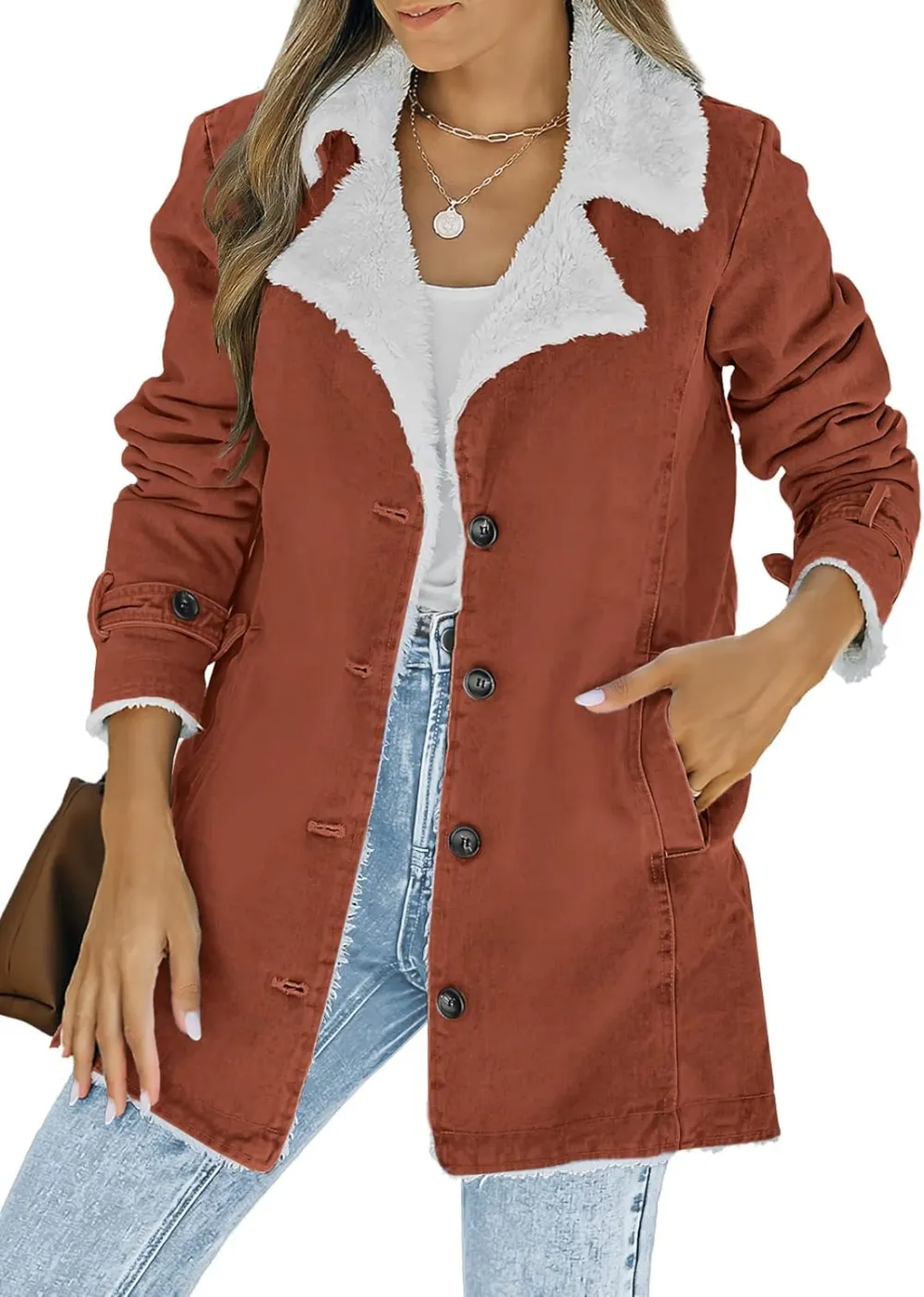 Womens Winter Warm Jean Jacket Stand Collar Wool Liner Sherpa Denim Coats Thicker Outerwear with Pockets