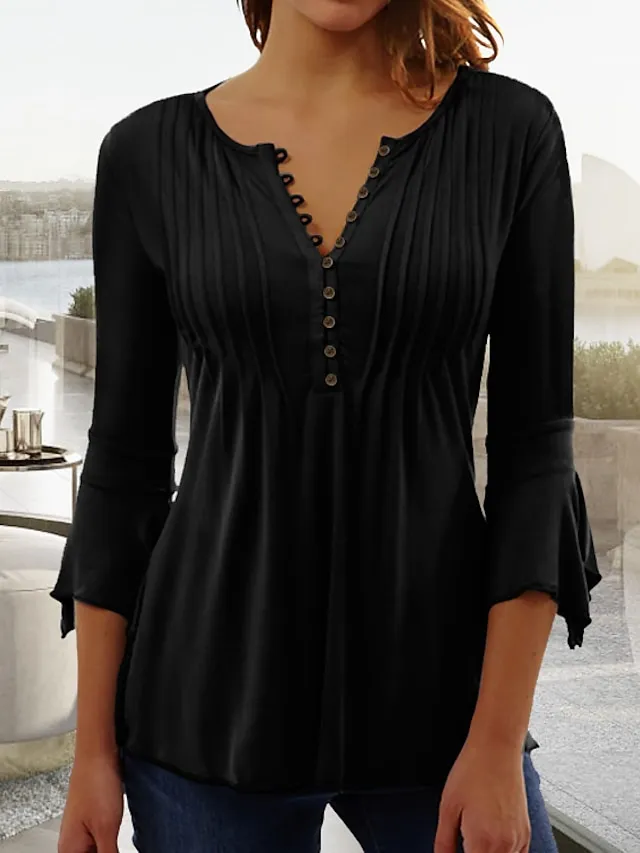 Women's Shirt Tunic Blouse Plain Casual Black White Wine Button Flowing tunic 3/4 Length Sleeve Basic V Neck Regular Fit