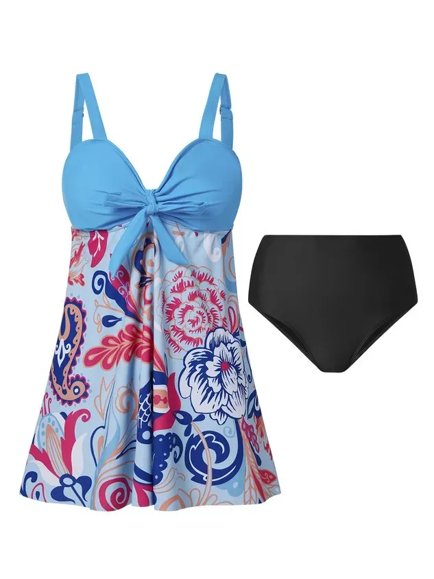 Vacation Ethnic  Printing Scoop Neck Swimdress Two-Piece Set