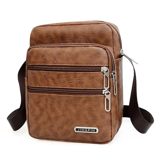 Men's Crossbody Bag Shoulder Bag Messenger Bag PU Leather Outdoor Daily Zipper Large Capacity Waterproof Lightweight Solid Color Black Brown Coffee