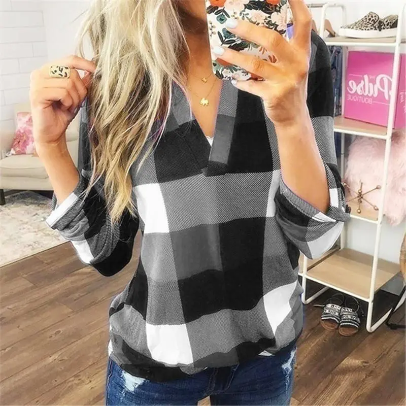V Neck Lattice Color-blocked Long Sleeve Casual T-Shirt
