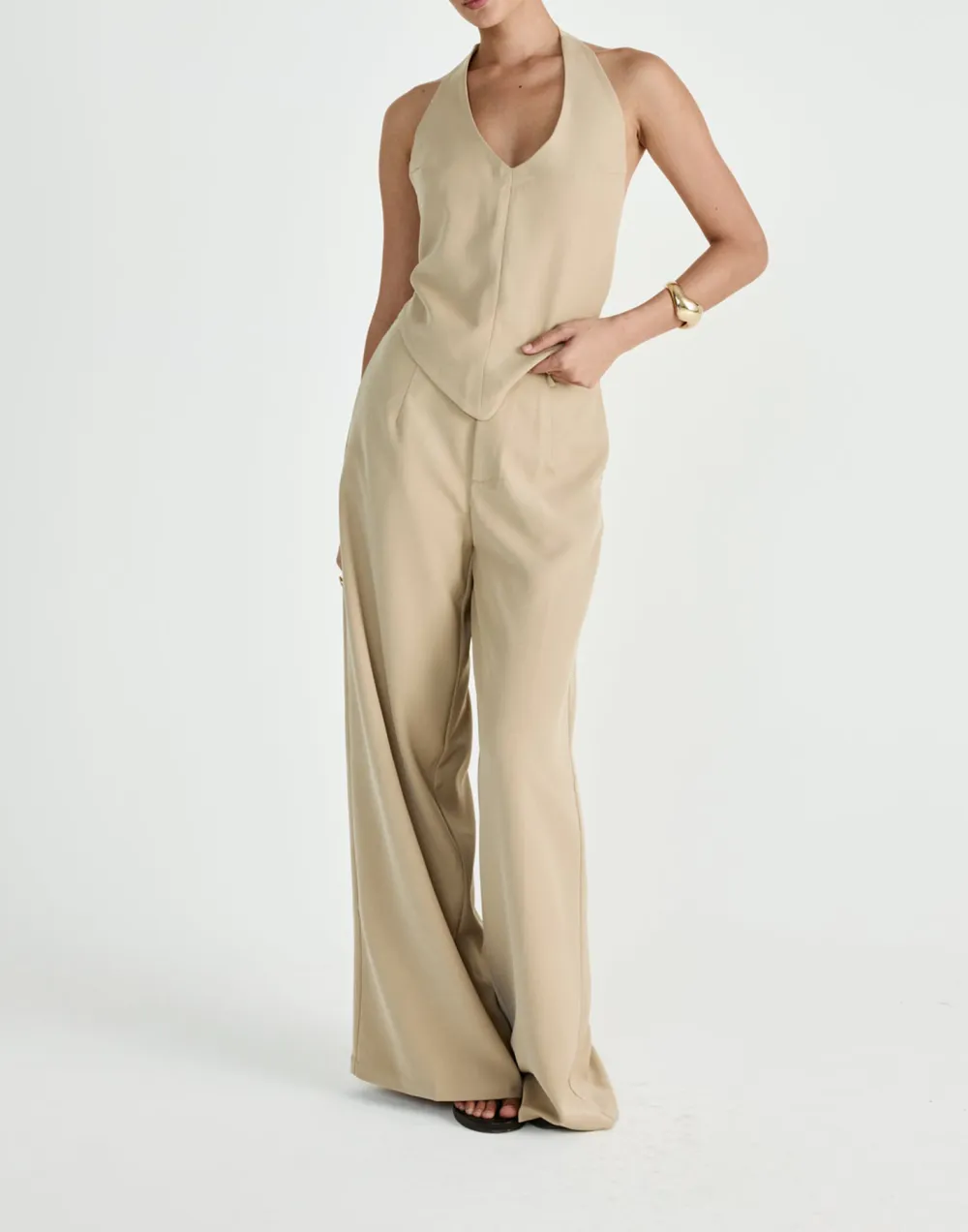 Floor-Length Draped Wide-Leg Trousers