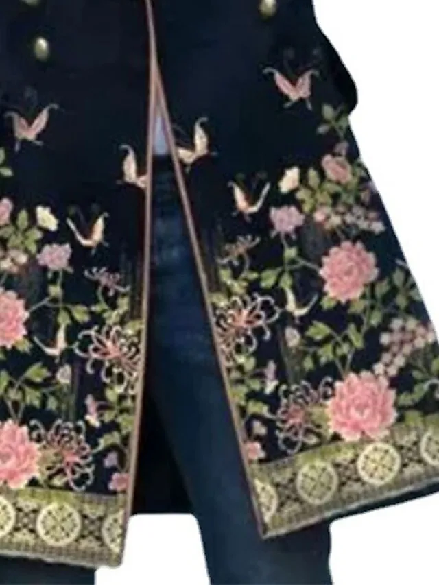 Women's Winter Coat Casual Jacket Windproof Warm Outdoor Street Daily Vacation Button Pocket Print Double Breasted Lapel Modern Street Style Floral Regular Fit Outerwear Long Sleeve Fall Winter Dark