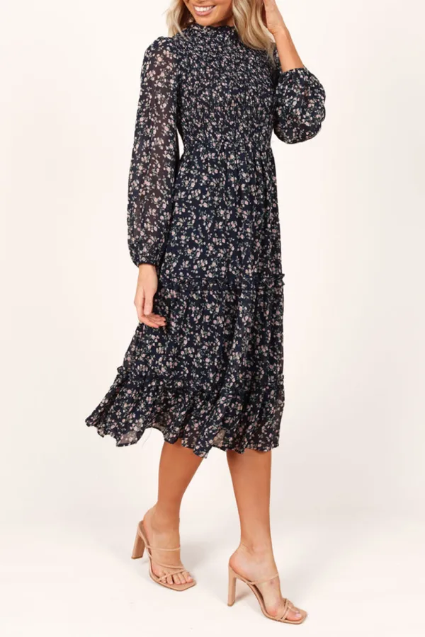 NAVY FLORAL SHIRRED FRILL LONG SLEEVE MIDI DRESS