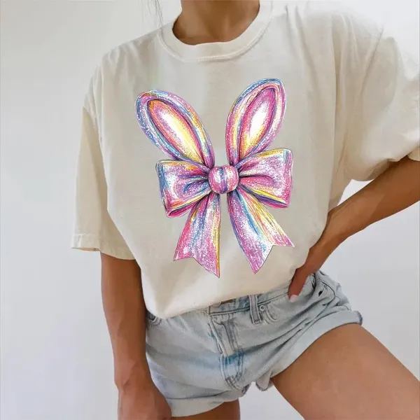Easter Shiny Bunny Ear Bow Printed Round Neck Short Sleeve T-Shirt