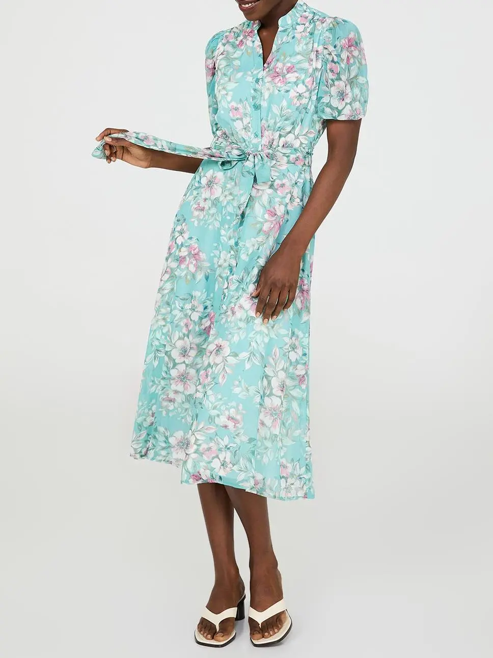 Floral Print Split Neck Dress With Balloon Sleeves
