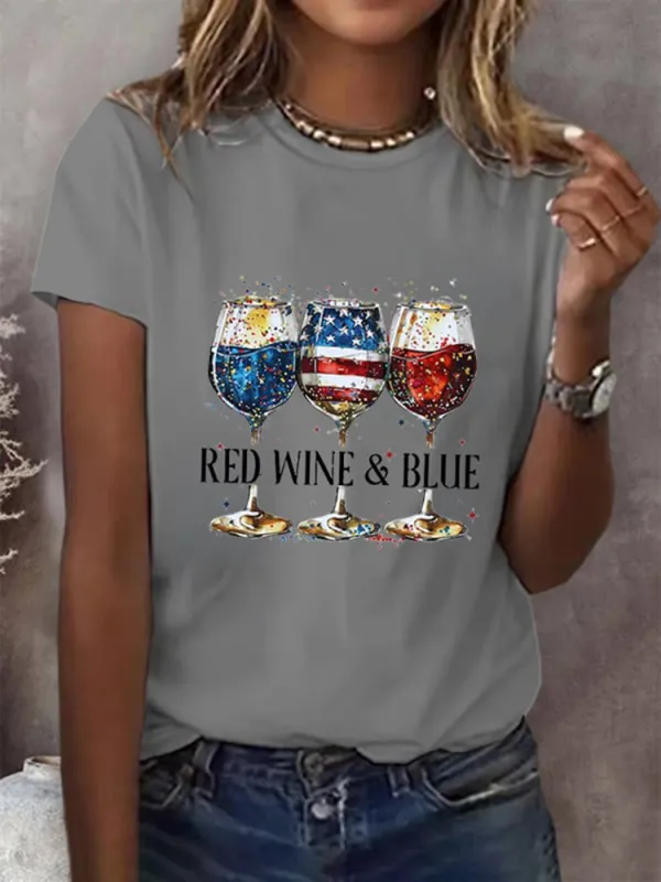 Women'S Red Wine Ang Blue Round-Neck Short-Sleeved T-Shirt