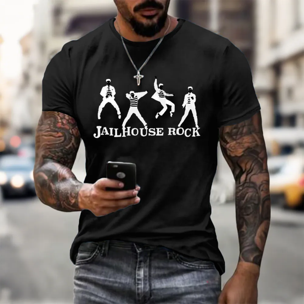 Men's Jail House Rock Print Short Sleeve Round Neck Cotton T-Shirt