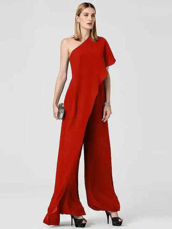 Urban Solid Color Tiered One-Shoulder Jumpsuits