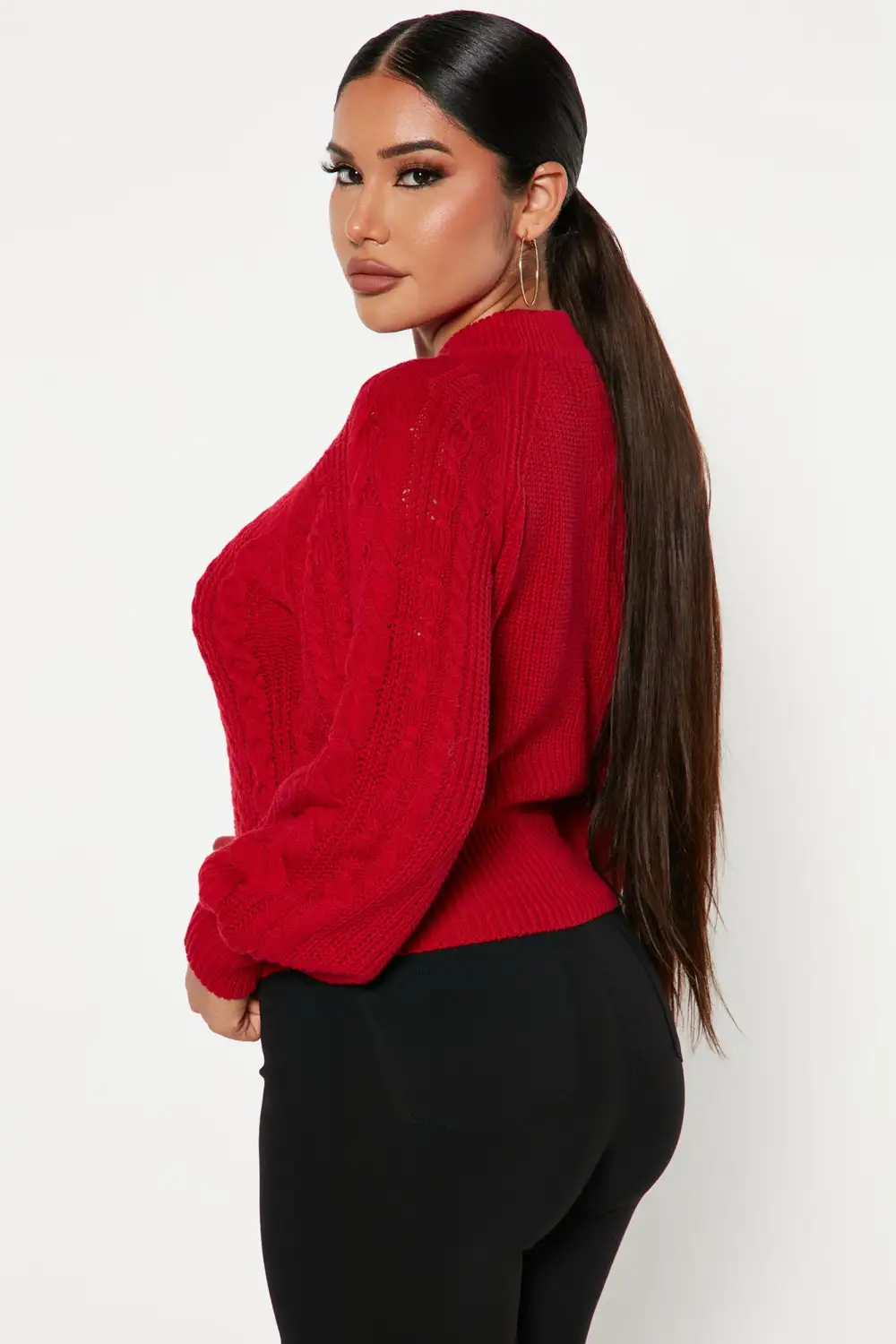 Melissa Cable Knit Cropped Sweater - Red