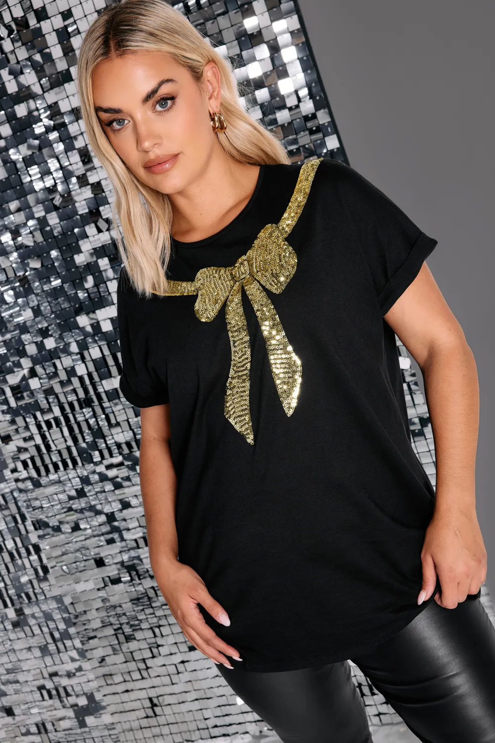 YOURS Curve Black Sequin Bow T-Shirt