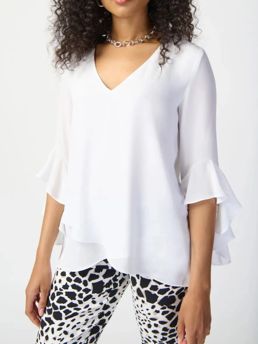 White V - Neck Bell - Sleeve Blouse