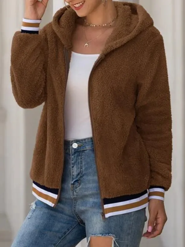 Striped Zip Pocket Hooded Cotton Jacket