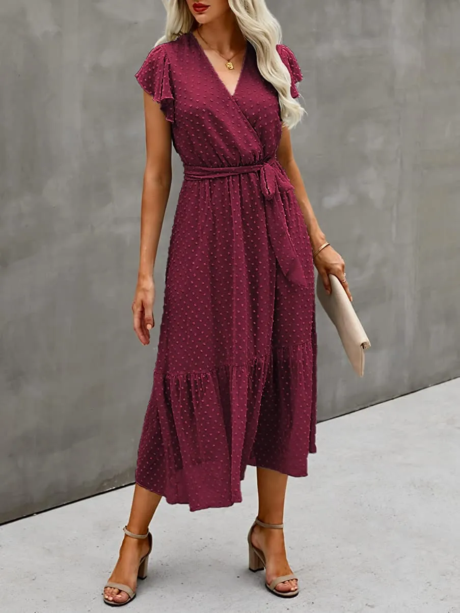Women Summer Bohemian Floral Casual Wrap V Neck Ruffle Cap Sleeveless Belt A-Line Pleated Hem Swing Midi Sun Dress