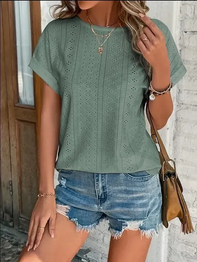 Women's T shirt Tee White Eyelet Tops Light Blue Black White Plain Cut Out Short Sleeve Daily Weekend Basic Round Neck Regular Cotton S