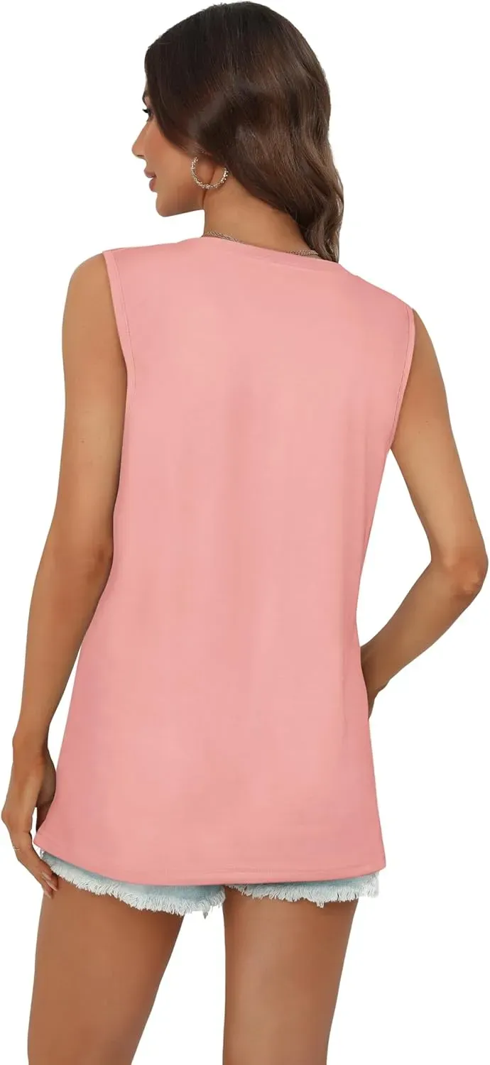 Summer Tops for Women Sleeveless V Neck Tshirt Loose Fit Casual Tank Tunic Blouse