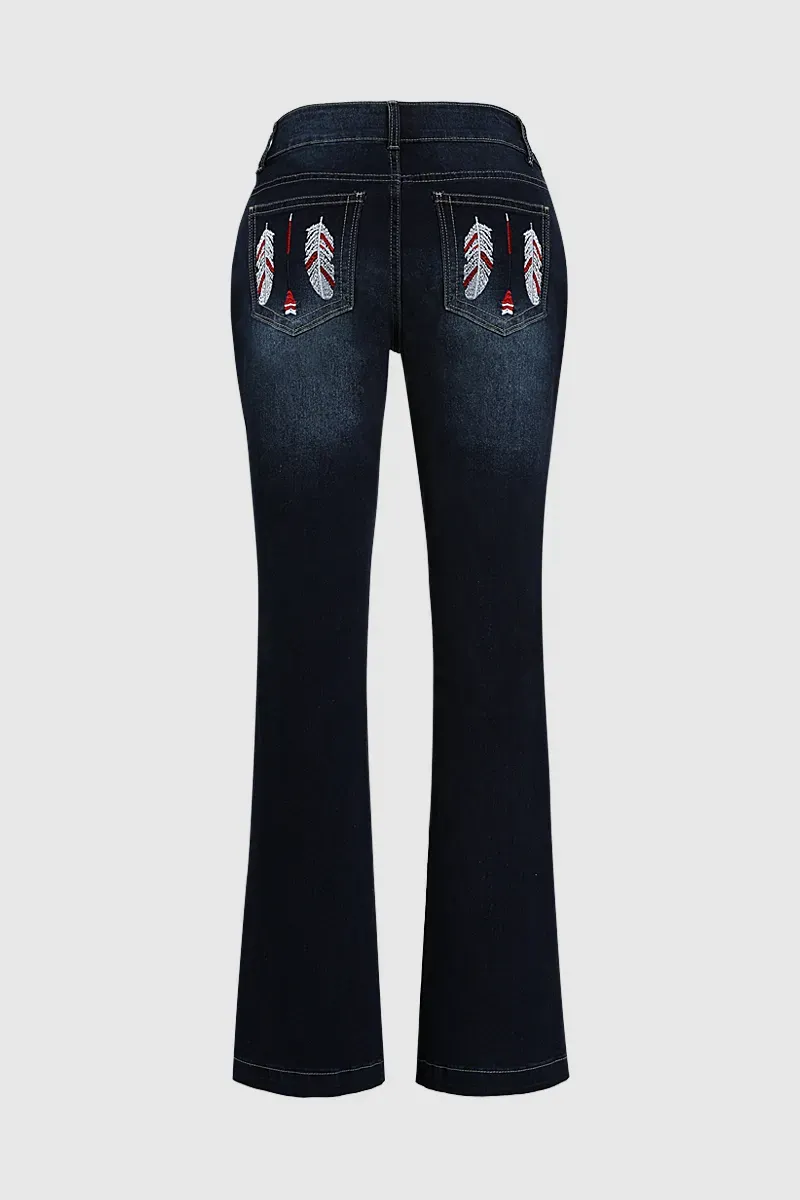 Feather Embroidery Mid Rise Bootcut Jeans